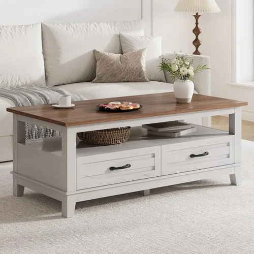 Miniatura 8 de GarveeHome - Mesa de café de estilo granja con cajones, mesa de centro rústica de 47.2 pulgadas, mesa de sala de estar negra, con estante abierto