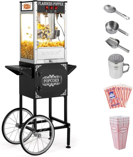 Máquina de palomitas de maíz ROVSUN con carrito, ruedas y hervidor de 8 onzas, hace hasta 32 tazas, máquina de palomitas con cuchara para palomitas,