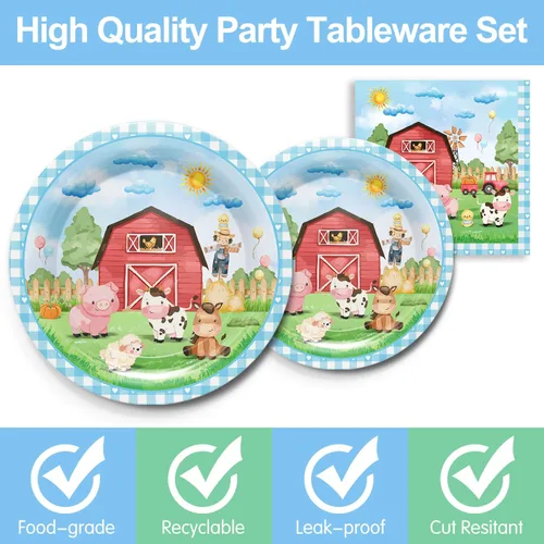 Miniatura 3 de Juego de 168 platos para fiesta de cumpleaños de granja, decoraciones de fiesta de animales de granja, incluye platos de vaca, vasos, servilletas