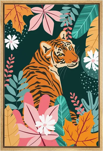 IDEA4WALL Lienzo enmarcado para pared, arte moderno colorido multicolor, decoración de habitación juvenil, flores del jungle, tigre, gato,