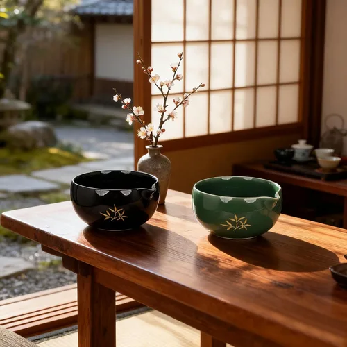 Miniatura 4 de Juego de batidor de matcha, 8 piezas de oro de flor de ciruelo para ceremonia de té japonesa, cuenco de cerámica con boquilla, batidor de bambú