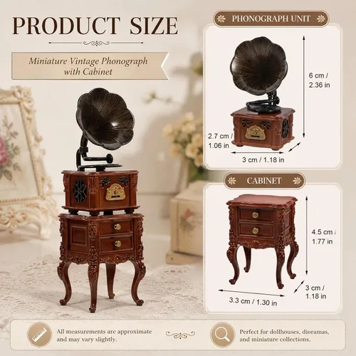 Miniatura 2 de LOGOFUN Miniatura Vintage Fonógrafo con Sonido Casa de Muñecas Retro Fonógrafo con Gabinete Mini Fonógrafo Modelo para Casa de Muñecas Accesorios