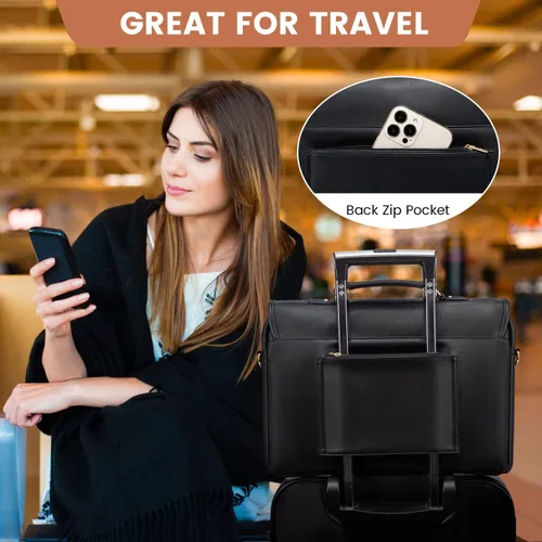 Miniatura 5 de LOVEVOOK Bolsa para computadora portátil para mujer, bonita bolsa de mensajero de poliuretano para trabajo, universidad, color negro