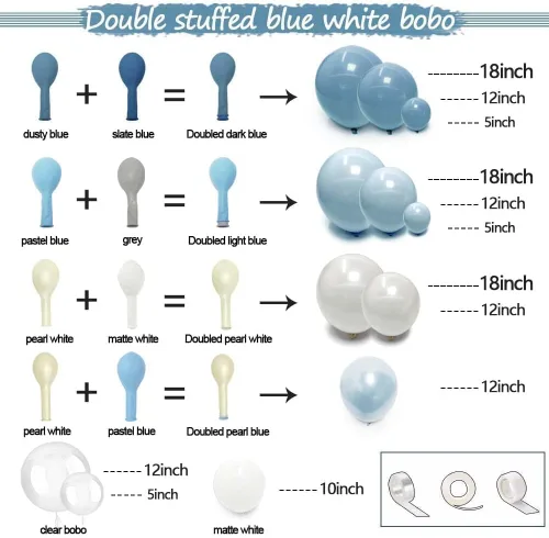 Miniatura 3 de Guirnalda de globos azul empolvado y blancos, kit de arco de globos Bobo de perlas azul claro con doble relleno para cumpleaños, baby shower, boda