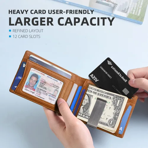 Miniatura 14 de Zitahli - Billetera delgada con 12 ranuras para tarjetas, ventana de identificación con clip para dinero, bolsillo frontal RFID plegable, pequeña