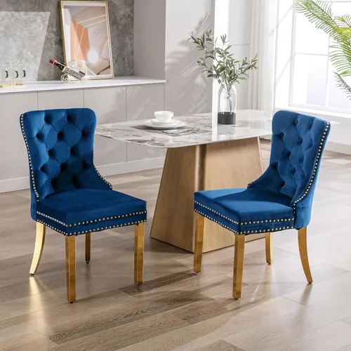 Miniatura 42 de KCC Nikki Collection - Juego de 4 sillas de comedor de terciopelo tapizadas de alta gama con anillo trasero de clavo, patas de madera maciza