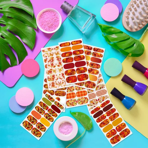 Miniatura 5 de 8 hojas de esmalte de uñas de otoño para mujer, hojas de arce, tiras de esmalte de uñas de gel, autoadhesivas, manicura con lima y palito para Otoño