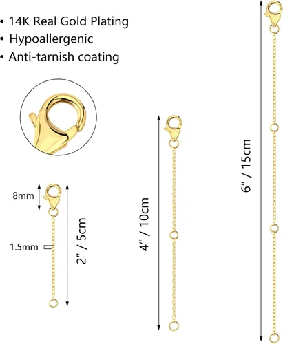 Miniatura 5 de Extensores de collar de oro, extensores de cadena de oro de 14 quilates con cierre de langosta, cadenas de extensión de collar, pulsera y tobillera