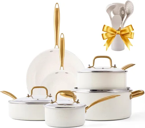 Juego de Utensilios de Cocina de Cerámica, VONIKI Juego de 16 Piezas de Ollas y Sartenes Antiadherentes, Juegos de Utensilios de Cocina con Set de