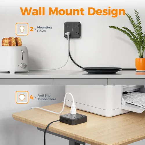 Miniatura 8 de TESSAN – Cable de extensión plano con protector de sobretensión de 10 pies, regleta de alimentación de enchufe plano con 4 salidas y 3 puertos USB