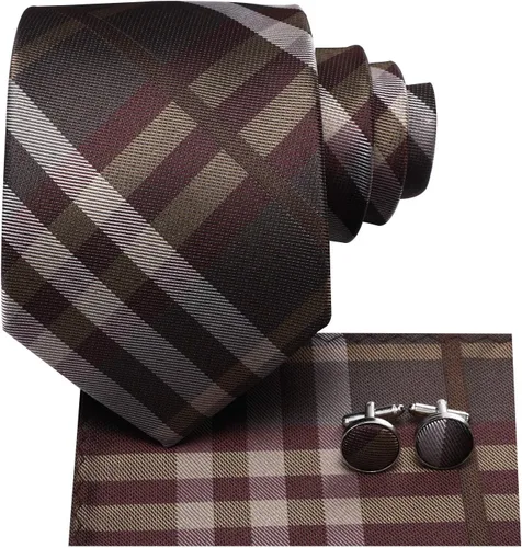 Miniatura 334 de Hi-Tie Corbata clásica de cachemira para hombre con pañuelo y gemelos a cuadros