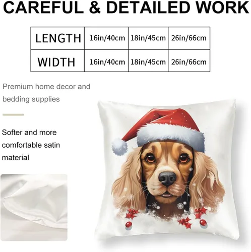 Miniatura 2 de Divertidas fundas de almohada de satén de Navidad con diseño de perro y cocker spaniel con gorro de Papá Noel, copos de nieve, decoración