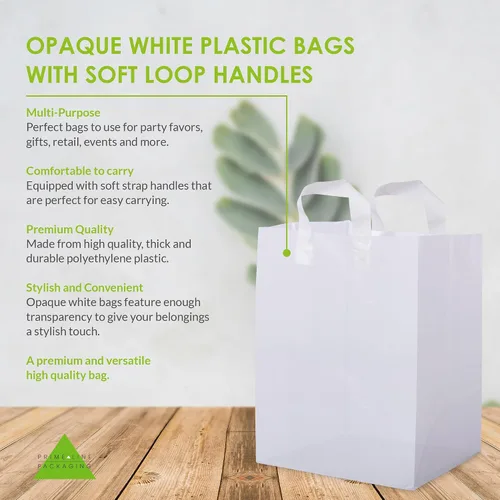 Miniatura 3 de Bolsas de plástico blancas Prime Line Packaging, bolsas de regalo para compras con asas para pequeñas empresas, comestibles, servicio de alimentos