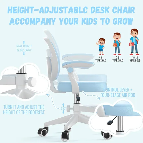Miniatura 6 de Silla de escritorio ajustable para niños, silla ergonómica para computadora de estudio con reposapiés y reposabrazos abatibles, silla de trabajo