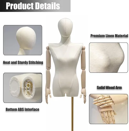 Miniatura 3 de Forma de vestido de torso de maniquí femenino, soporte de cuerpo de modelo de exhibición de ropa con cabeza desmontable y brazos de madera