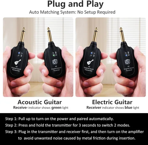 Miniatura 6 de Sistema de guitarra inalámbrico A8 UHF, 2 modos, batería recargable de litio, rango de 100 pies, Plug & Play para guitarra, bajo, violín, teclado