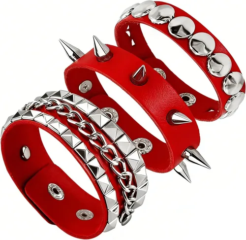 Miniatura 8 de 3PCS Leather Bracelets Set Studded Wrap Wrist Cuffs Punk Rock Y2K Emo Wide Wristband Accessories for Teens Women Men