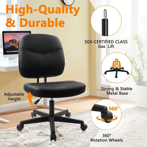 Miniatura 5 de CLATINA Silla de oficina en casa sin brazos, pequeña silla ergonómica de piel sintética con respaldo bajo con soporte lumbar y ruedas, altura