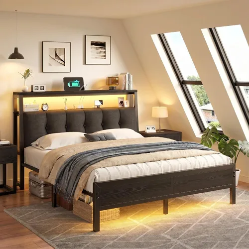 Miniatura 9 de Homkdom Base de cama de tamaño matrimonial con estación de carga, marco de cama tamaño matrimonial con luces LED con cabecera de almacenamiento Negro