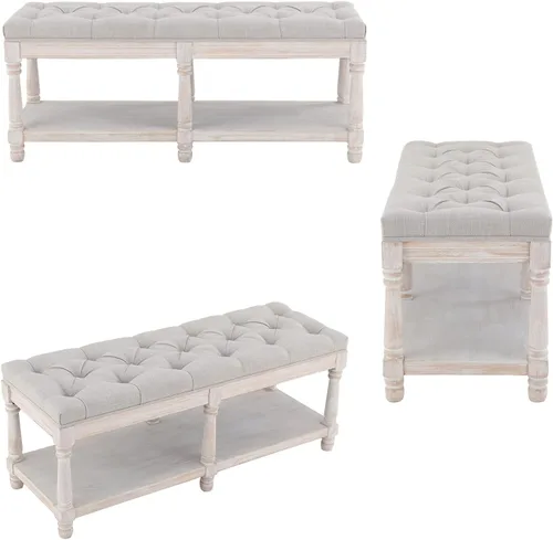 Miniatura 6 de Banco de Almacenamiento Capitoné de Mediados de Siglo con Estante, Banco Otomán Tapizado en Lino Estilo Granja para Entrada/Zapatos con Asiento