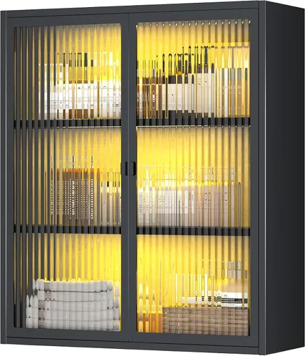 Miniatura 8 de Gabinete de pared de baño,Botiquín de metal con puertas de vidrio,Gabinete montado en la pared sobre el inodoro,Armario pequeño negro