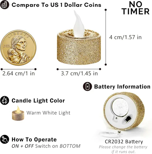 Miniatura 4 de FURORA LIGHTING Velas de Té LED con Purpurina Dorada Champaign, Paquete de 12, Velas de Té Parpadeantes Sin Llama para Decoración del Hogar, Oro