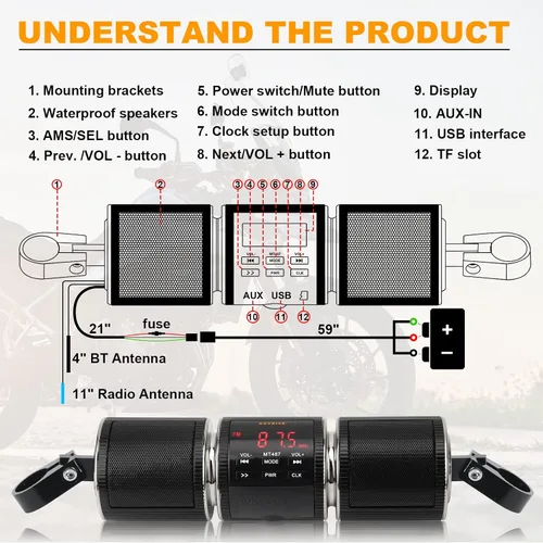 Miniatura 2 de Sistemas de altavoces para motocicleta BT impermeables, altavoces estéreos, montaje de barra de 7/8-1.25 pulgadas con entrada AUX, USB, microSD
