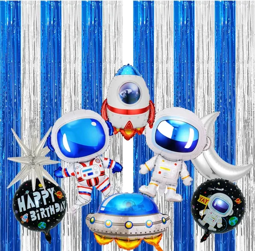 Miniatura 7 de Paquete de 2 cortinas de flecos de papel de aluminio azul y plateado, accesorios para cabina de fotos, telón de fondo de oropel para graduación