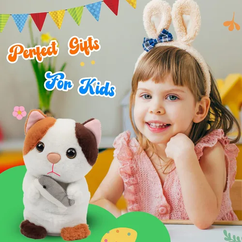 Miniatura 6 de Hopearl Gatito parlante repite lo que dices, gato con pez, juguete animado interactivo eléctrico, juguete de peluche para niños pequeños, 7 pulgadas