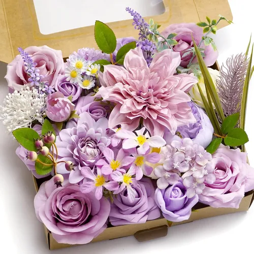 Miniatura 12 de Juego de caja de flores artificiales moradas, combo de rosas falsas y dalias para manualidades, boda, centro de mesa, buqué de novia, baby shower