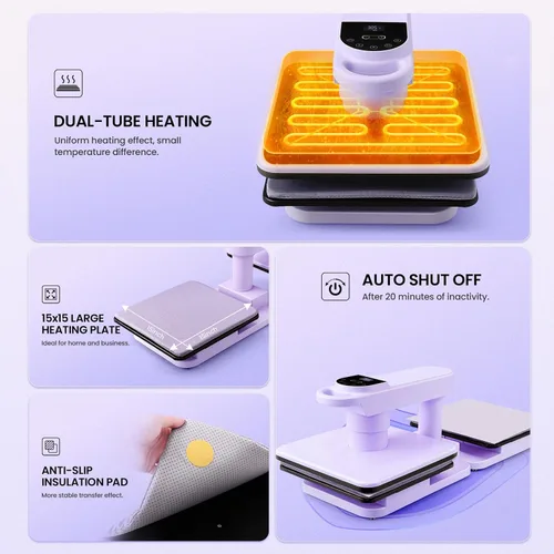 Miniatura 6 de Máquina de prensa de calor automática de doble banco de trabajo, 360° Swing Away 15x15 prensa inteligente para camisetas con liberación automática