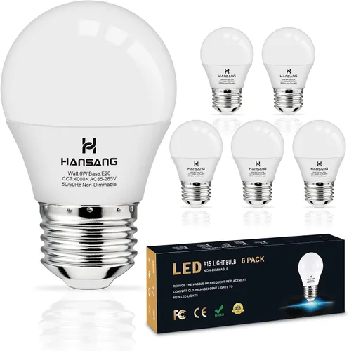 Miniatura 15 de Bombilla LED E26, luz blanca cálida de 2700 K, bombillas pequeñas equivalentes a 60 W, bombilla E26 para ventilador de techo, forma A15, 600 lm 120