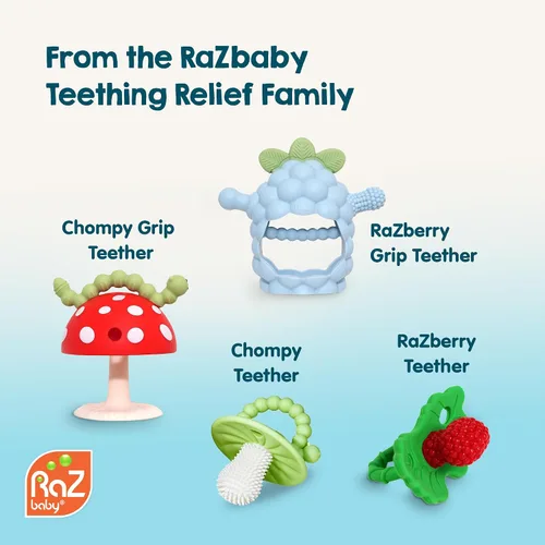 Miniatura 10 de RaZbaby Bites - Juguete de silicona para dentición para bebés, juguete sensorial con textura de moras para aliviar la dentición, forma de fruta Rosa