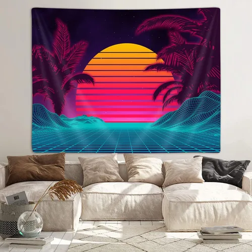 Miniatura 5 de Tapiz retro de onda de vapor de neón para el dormitorio de los hombres, tapices de arte de montaña trippy fresco para colgar en la pared