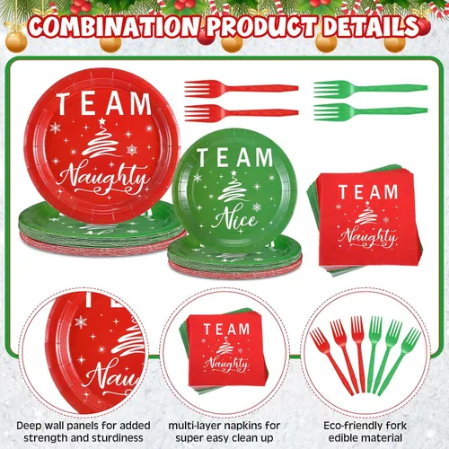 Miniatura 3 de Patelai 120 piezas Suministros de fiesta de Navidad Platos y servilletas desechables de papel Juego de vajilla 48 platos del equipo Travieso