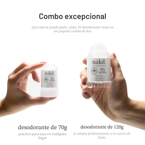 Miniatura 2 de nakd. Thai Crystal Deodorant Stone – 2 barras desodorantes de cristal de sal, 4.25 oz. Regular + 2.5 oz. Tamaño de viaje, totalmente natural, sin