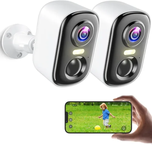 Cámaras de seguridad 2K inalámbricas para exteriores, paquete de 2 cámaras WiFi alimentadas por batería para seguridad del hogar con detección de
