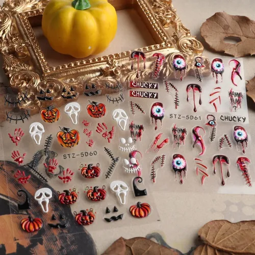 Miniatura 5 de Calcomanías de uñas de Halloween 5D, calcomanías acrílicas con ojos realistas, araña, hueso, en relieve, cráneo, fantasma, calabaza, araña