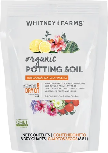 Whitney Farms Suelo orgánico para macetas: mezcla natural para contenedores para interiores y exteriores, tierra orgánica para macetas para