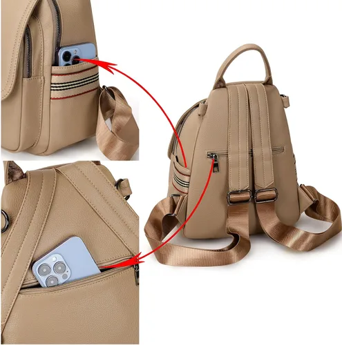 Miniatura 4 de VONCOSS Mini mochila de moda para mujer, mochila pequeña, multibolsillos, convertible, bolsa de hombro, Caqui, Mochilas Daypack