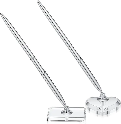 Miniatura 8 de Chinco 2 juegos de bolígrafo y soporte plateado para invitados, incluye 2 bolígrafos de metal plateado para escribir con repuesto negro, 2 soportes