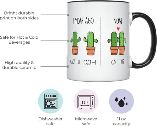 Miniatura 2 de YouNique Designs 1 Año Fechado taza, 11 onzas, Divertida taza de café de aniversario del primer año para parejas, Mango negro