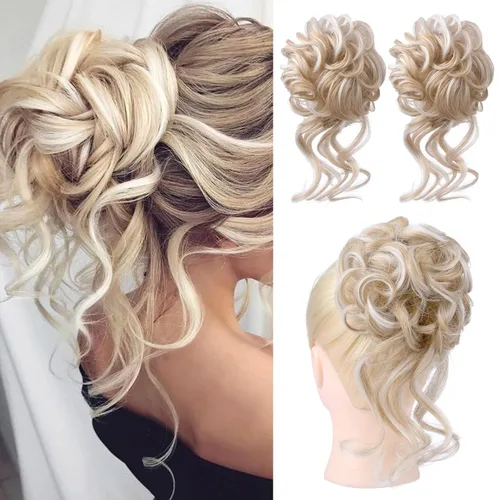 Miniatura 20 de HOOJIH 2 piezas de moño despeinado, recogido despeinado con mechones, extensiones de moño de cabello ondulado rizado, envoltorio de cabello, cola