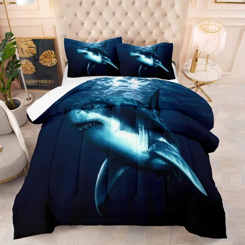 Miniatura 2 de NINENINE Juego de ropa de cama de tiburón azul para niños, tamaño Twin para adolescentes y niños, edredón azul marino, juego de cama con diseño