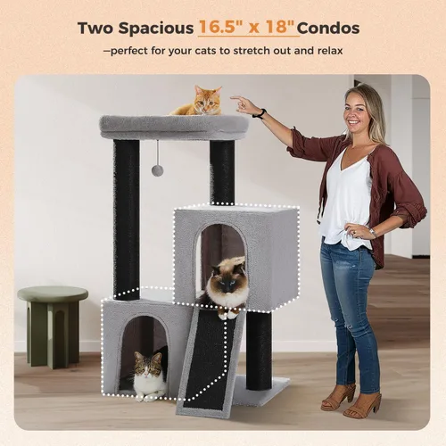Miniatura 5 de MUTTROS Árbol de Servicio Pesado para Gatos de Interior Adultos, Torre para Gatos de 45 Pulgadas con Rampa Rascadora de Sisal, 2 Condominios