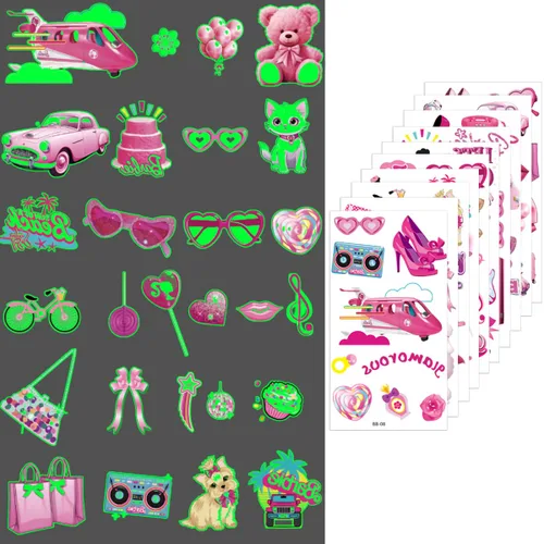 Miniatura 2 de Tatuajes temporales de color rosa que brillan en la oscuridad, más de 90 piezas (10 hojas), tatuajes temporales para mujeres, suministros de fiesta
