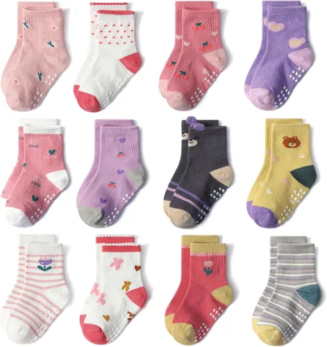 Miniatura 11 de SkiBeaut Calcetines para bebés y niñas, 12 pares de calcetines antideslizantes para niños pequeños con agarre para niñas de 0 a 7 años