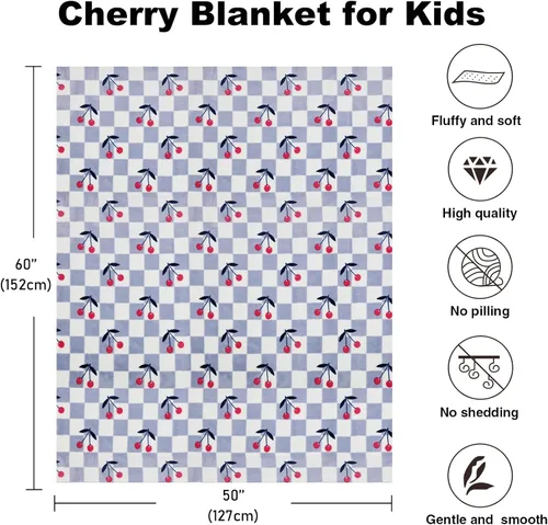 Miniatura 3 de Manta de cereza para niños, 50 x 60 pulgadas, suave y acogedora manta azul a cuadros para niñas y niños pequeños, ideal para decoración del hogar