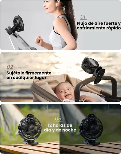 Miniatura 2 de Koonie - Ventilador portátil con clip, pequeño ventilador USB a batería, ventilador mini recargable de 3 velocidades con pantalla LED, ventilador