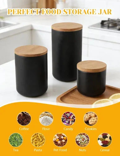 Miniatura 3 de Envase de cerámica para almacenamiento de alimentos con tapa hermética de bambú, envase de cocina de estilo simple para almacenamiento de alimentos